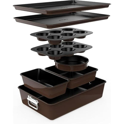 NutriChef Baking Tray Set, Stackable Bakeware Trays, Smart Space Stacking Baking Trays, 8 Pcs Non-Stick Oven Safe Baking Sets w/ Cookie, Loaf Pan, Pizza Pan, Muffin Tins, Cake Tin, Round/Square Pans