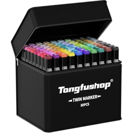 Tongfushop 80 Colored Marker Set, Dual Tip Alcohol Markers, Colouring Pens for Adults, Permanent Art Felt Tip Pens for Drawing, Sketching, Anime, Manga, Fun doodling with Carrying Case & Storage Base