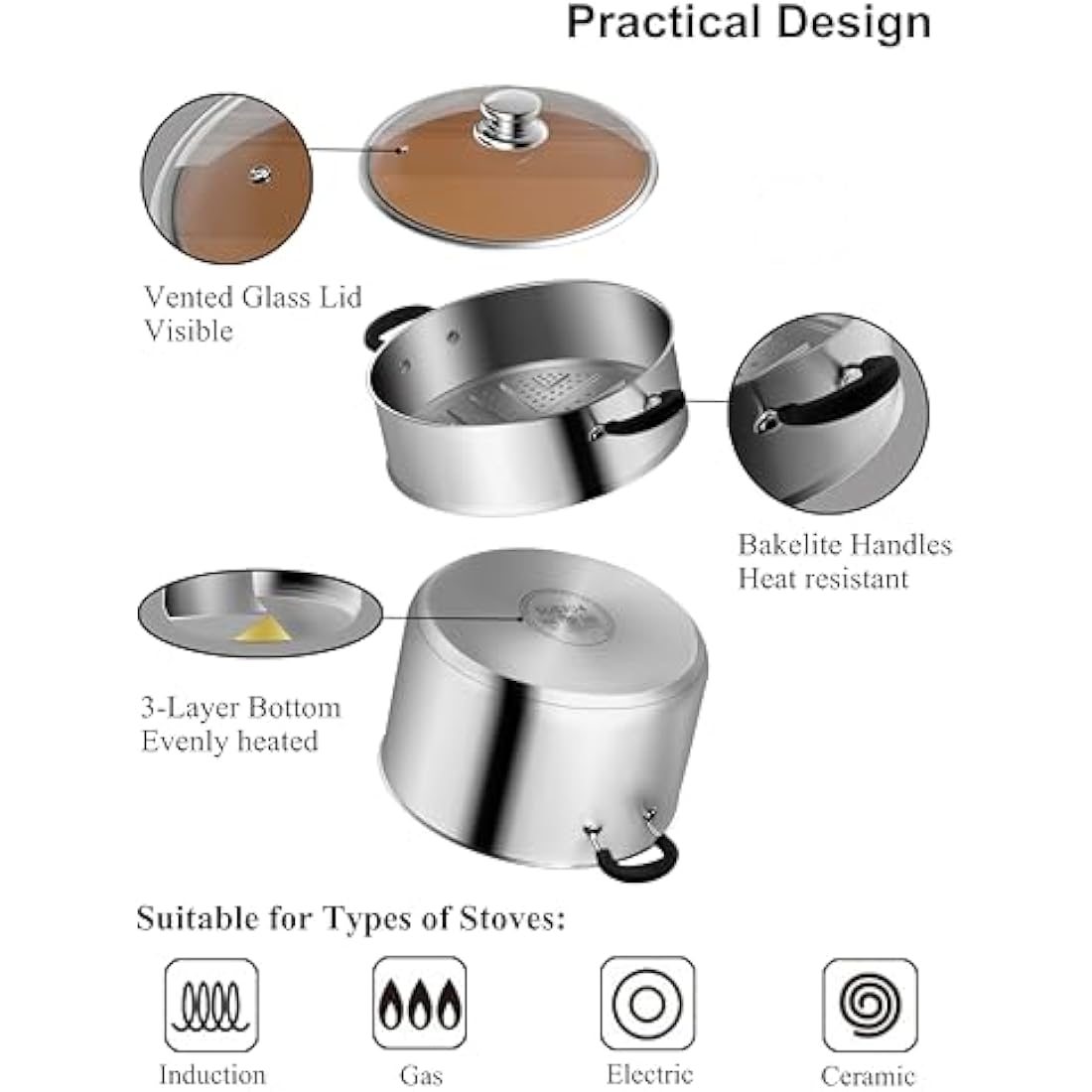 VENTION Stainless Steel Steamer Cooking 18cm for Induction Hob, Vegetable Steamer Pan, Couscous Pot 2 L