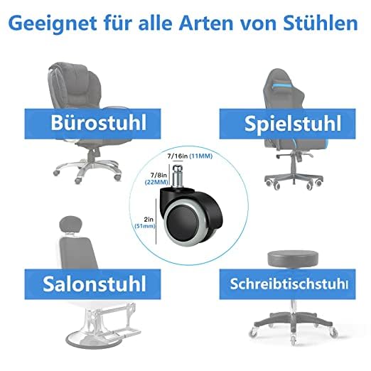 Office chair wheels (set of 5) - 11mmX22mm replacement hard floor castor wheels for gaming chair, desk chair, office chair castors to protect floors
