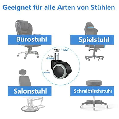 Office chair wheels set of 5 - 11mmX22mm replacement hard floor castor wheels for gaming chair, desk chair, office chair castors to protect floors