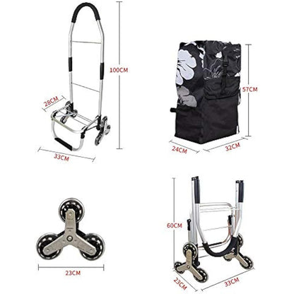 Folding Shopping Trolley 6 Wheels Stair Climber Cart with Removable Bag and Adjustable Elastic Cord 2 Extra Pockets Utility Trolley maximum capacity 50kg 45L Flower