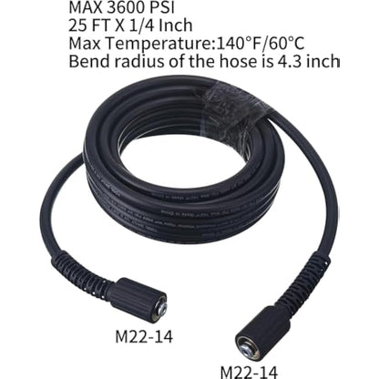 Tool Daily High Pressure Washer Hose, 25 FT X 1/4 Inch, 3600 PSI, M22 14mm, Replacement Power Washer Hose for Most Brands