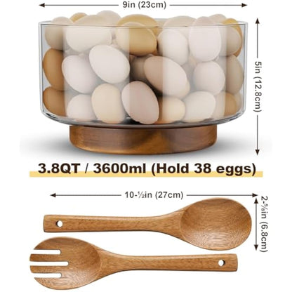 NiHome Large 3600ML Glass Salad Bowl with Acacia Wood Salad Tongs, Enhanced Stability Design, Versatile Serving Bowl for Salads, Fruits, Ideal for Gatherings & Daily Family Dining