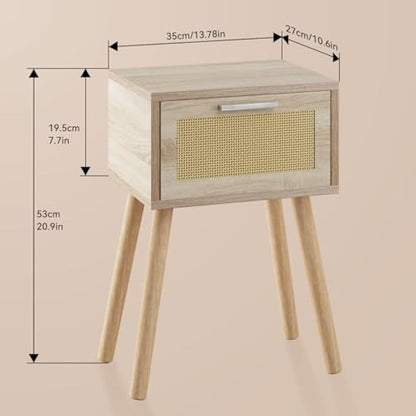 YMYNY Nightstand Set of 2, End Table, Small Bedside Table, Handmade Rattan Decorated Drawer, Solid Wood Legs, 35×27×53cm, Modern Side Table for Bedroom, Living Room, Natural HST010N-2