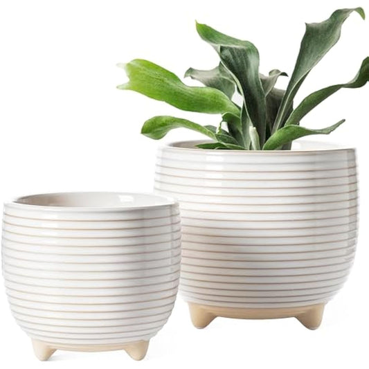 LE TAUCI Ceramic Plant Pots, 12 + 16 cm Footed Pots for Plants, Cute Modern Flower Pots for House and Office, Small Indoor Planters with Drainage, Reactive Glaze White