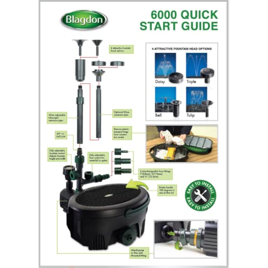 Blagdon Inpond 5-in-1 6000 Easy Care Clean Pond Solution, 26.5w Pond Pump & Filter with UV Clarifier for Algae Control and Clear Water, LED Light, 3 Fountain Heads, for Ponds Up to 6,000L, Black