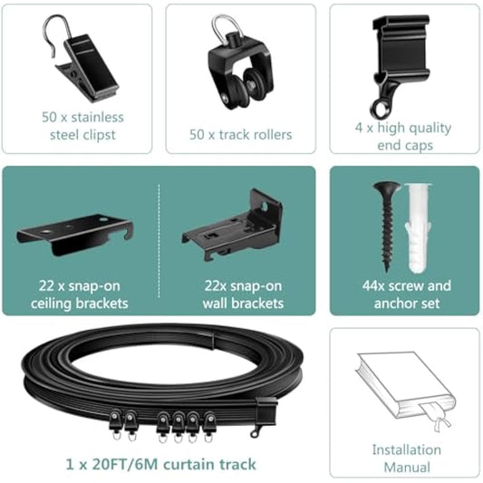 Ceiling Curtain Track for Bay Window, 6M/20FT Flexible Bendable Curtain Rail Track Ceiling Wall Mounted, Plastic Ceiling Track System for Shower Room Divider RV, Black Curtains Tracks and Fittings
