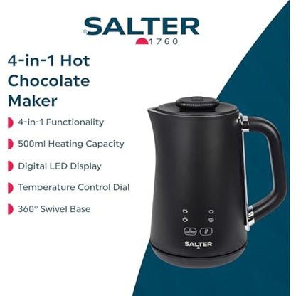 Salter Chocolatier Hot Chocolate Maker to Share – 4-in-1 Automatic Milk Frother, Heater & Foamer, 500ml Heating Capacity, Digital LED Display, Temperature Control Dial, 360° Swivel Base, 500W