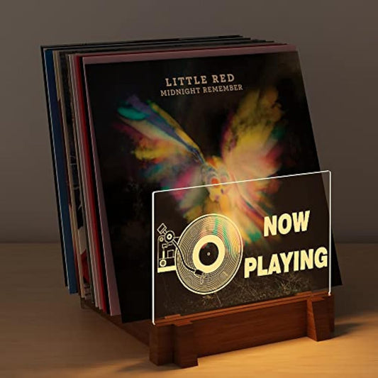 YuanDian Vinyl Record Storage, Light up Now Playing Wood Acrylic Holder Shelf for Vinyl Album Display and Storage with Warm White Color Lights, Vinyl Record Display Collection Holder with USB Powered