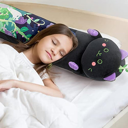 Mewaii 28in Long Devil Mint Cat Plush Pillows Stuffed Animals Squishy Pillows - Plushie Cute Kitty Sleeping Hugging Plush Pillow Soft Toys for Kids(Black)