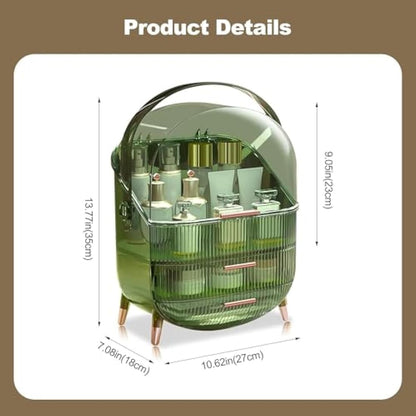 SIOOUI Makeup Organizer, 3 Layers Large Capacity Cosmetic Storage, Cosmetic Display Case with 2 Storage Drawers, Cosmetic Organizer for Bathroom Counter, Vanity Countertop, Bedroom (Clear Green)