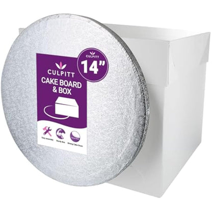 Culpitt 14" Round Silver Cake Drum Board & Tall White Box Combo, 14 x 14 x 12 Inch Square Box and Matching Circle Set for Tiered or Decorated Transport