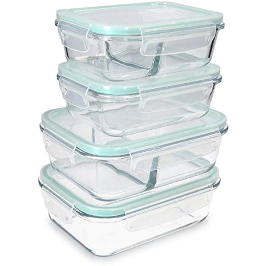 Navaris Glass Food Container Set - Mixed Set of 4 Storage Containers with Lids - Airtight, Leakproof, Oven, Microwave, Freezer and Dishwasher Safe