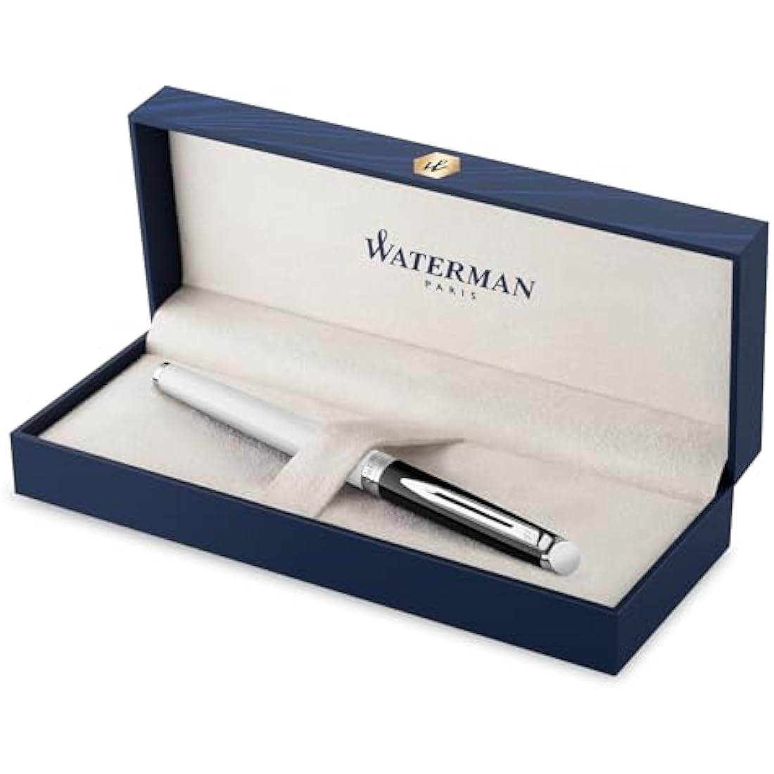 Waterman Hémisphère Fountain Pen | Black & White Lacquer with Palladium Coated Trim | Stainless steel Fine Nib | Blue Ink | Gift Box