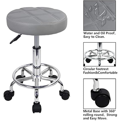 KKTONER Round Rolling Stool Chair PU Leather Height Adjustable Swivel Drafting Work SPA Shop Salon Stools with Wheels Office Chair Small (Gray)
