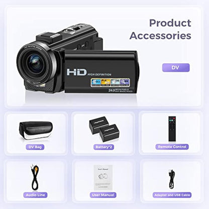 Sunscien Video Camera Camcorder, Full HD 1080P Digital YouTube Vlogging Camera Recorder,Video Camera 30FPS 3.0 Inch LCD 270 Rotatable Degrees IPS Screen with Remote Control 2 Batteries