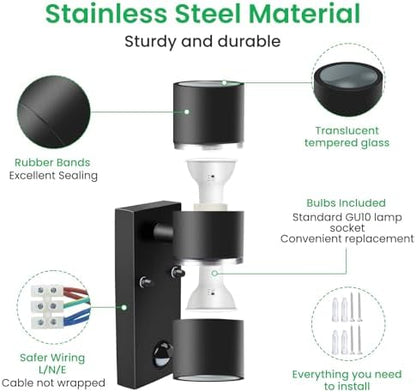 ALUSSO LIGHTING Up Down LED Wall Light PIR Motion Sensor 8W 750LM Stainless Steel Lamp, with GU10 Bulbs 3000K 4000K 6000K Adjustable, Outdoor Security Light IP65 Waterproof for Hallway Porch, Black