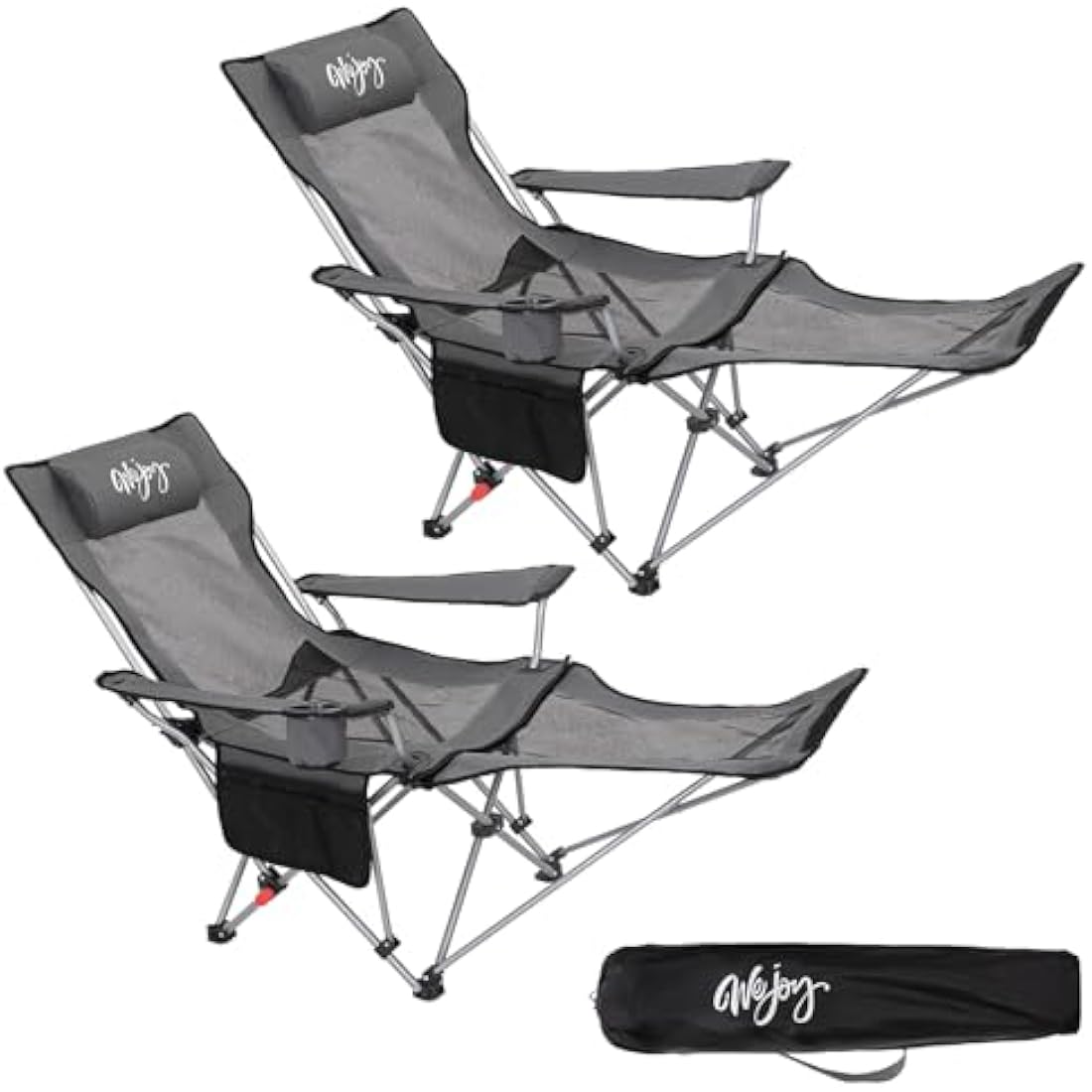 #WEJOY Camping Chairs Folding Recliner Chair Adjustable with Detachable Footrest Headrest Cup Holder Portable Reclining Camp Chair Fold Up Chair for Outdoor Beach Garden,Grey black Set of 2