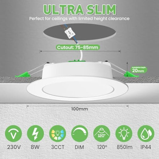 ALUSSO LED Downlights Ceiling Dimmable 8W 850LM IP44 Recessed Ceiling Lights, 3CCT 3000K Warm 4000K Neutral 6500K Cool Adjustable Bathroom Spotlights, White, 6 Pack