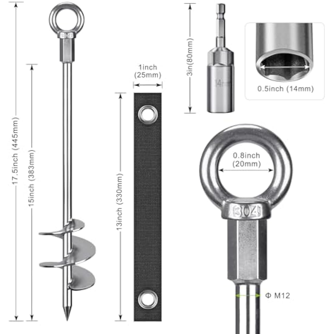 Insaga Tent Peg, 45cm Heavy Duty Ground Anchor Large Metal Earth Stake Spiral Blade Screw in Trampolines Spike for Swing Set/Camping/Shed/Dog/Carport with Fixed Loop Strap, 4 Pack
