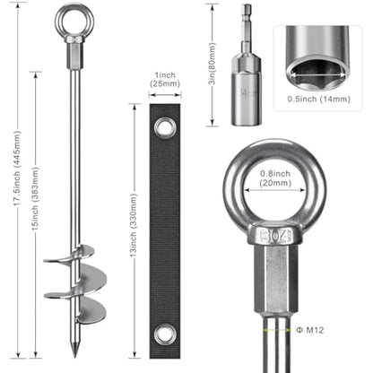 Insaga Tent Peg, 45cm Heavy Duty Ground Anchor Large Metal Earth Stake Spiral Blade Screw in Trampolines Spike for Swing Set/Camping/Shed/Dog/Carport with Fixed Loop Strap, 4 Pack
