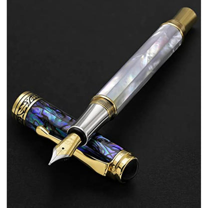 Xezo Maestro Fountain Pen, Medium Nib. Iridescent Oceanic Origin White Mother of Pearl and Pāua Sea Shell. 18 Karat Gold and Pure Platinum Plating. No Two Alike