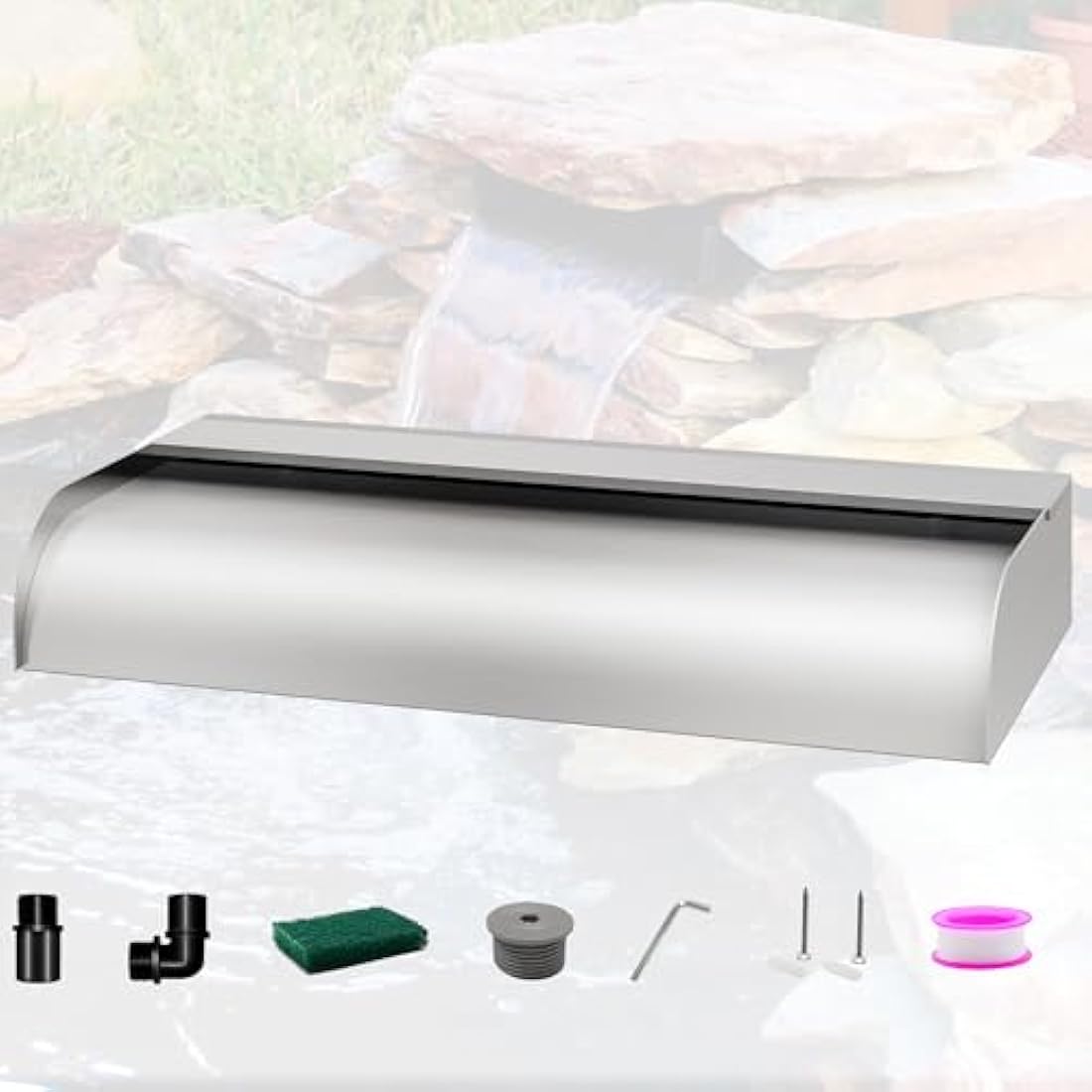 LONGRUNNEW Pond Waterfall Blade Kit, 60cm Stainless Steel Pool Fountain with Accessories, Width 31cm Spillway Water Feature Waterfall Cascade for Garden Patio Pond Decoration