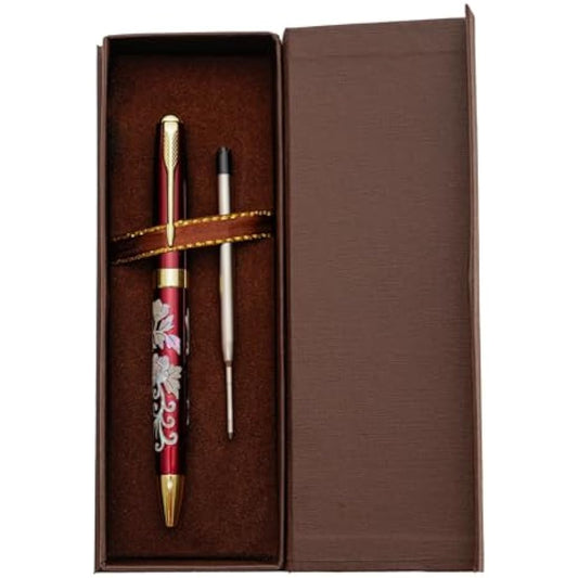 February Mountain Mother of Pearl Ballpoint Pen, Retractable Ballpoint Pens, for Gift, Business, Office, 1.0mm Medium Point Black Ink, Extras Replaceable Metal Refills (Flowers-Red-Black Ink)