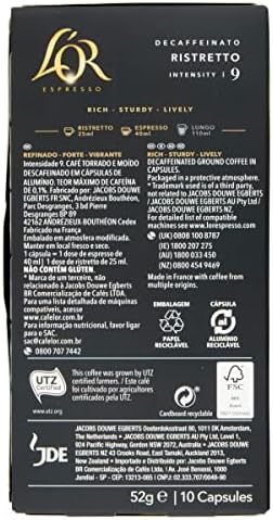 L'OR Espresso Ristretto Decaf Coffee Pods x10 Intensity 9 (Pack of 10, Total 100 Capsules)