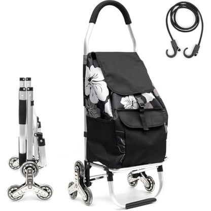 Folding Shopping Trolley 6 Wheels Stair Climber Cart with Removable Bag and Adjustable Elastic Cord 2 Extra Pockets Utility Trolley maximum capacity 50kg 45L Flower
