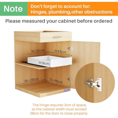 SAYZH Pull Out Cabinet Organiser, Slide Out Drawer Storage Shelves for Kitchen Cupboard, Roll-Out Extendable Sliding Drawer, (43 CM Depth x 25 CM Width x 9CM Height), No Need Drill and Nailing (White)