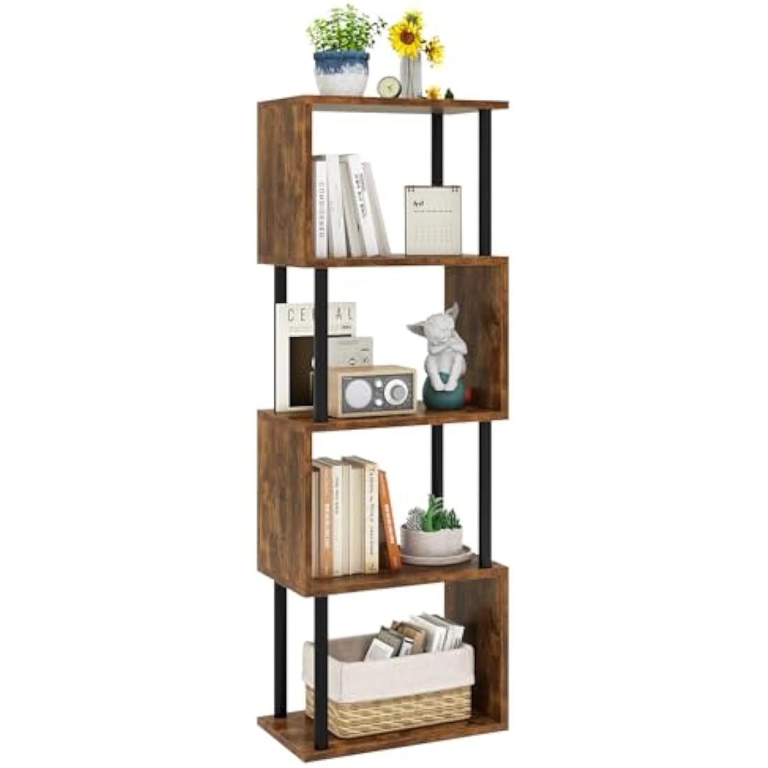 IBUYKE 5/6-Tier Tall Bookshelf,S-Shaped Geometric Bookcase, Wood Display Shelves With Storage,Industrial Bookshelf for Living Room Bedroom, Home Office, Rustic Brown WBC015H