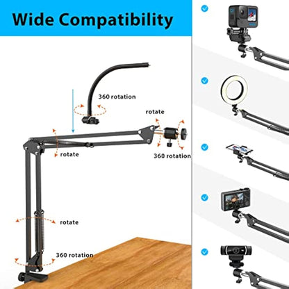 Overhead Phone Mount with Ring Light, Flexible Articulating Phone Arm Stand Compatible with iPhone, Logitech Webcam, Desk Tripod for YouTube Live Stream Cooking Nail Video Recording