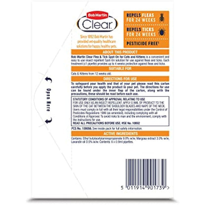 Bob Martin Clear Spot On Flea and Tick Repellent for Cats and Kittens - Pesticide-Free Protection (6 Pipettes)