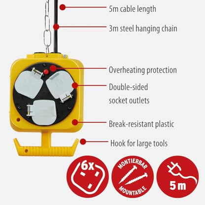 Brennenstuhl 2x 3-way hanging workshop power distributor (5m cable, double-sided socket, extension cord with 3m steel hanging chain)