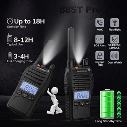 BAOFENG BF-88ST Pro PMR446 Walkie Talkie, Upgraded Long Range Rechargeable License-Free Two Way Radios with LCD Display, VOX Dual Watch, Desktop Charger and Earpieces, 2 pack