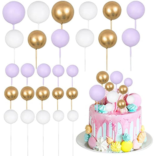 Gyufise 30Pcs Ball Cake Topper Ball Cake Picks Colorful Pearl Ball Shaped Cupcake Insert Cake Topper for Babyshower Birthday Party Favors Wedding Decoration Supplies Purple White Gold