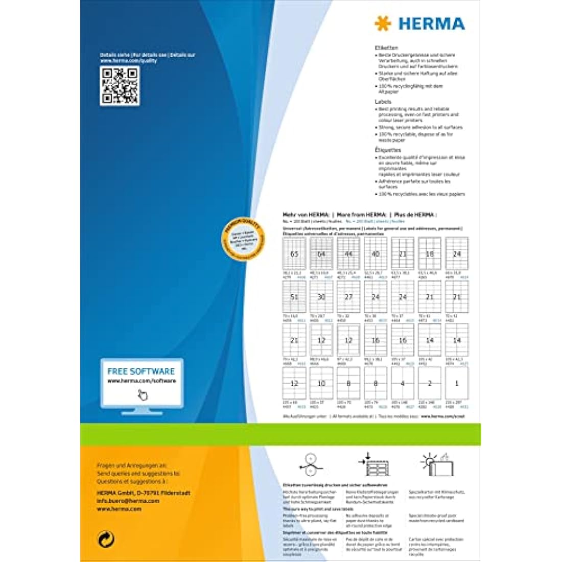 HERMA Self Adhesive Address Labels, 24 Labels per A4 Sheet, 200 Sheets, 70 x 37 mm, 4800 Labels, Blank Mailing Labels Stickers, Sticky Labels for Laser & Inkjet Printer, White