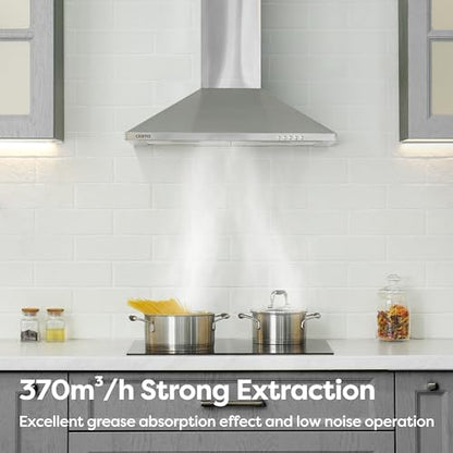 CIARRA Cooker Hoods 60cm CBCS6201 Stainless Steel Chimney vent Hood 600mm with Carbon Filters Recirculating Ducting Wall Mounted Kitchen Ventilation Extractor Fan