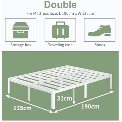 Lutown-Teen White Double Bed Frame 30.5 cm High with Rounded Corner Legs, 4ft 6 Heavy Duty Metal Bed Frame Double 4ft6 with Steel Slats Support, Storage Space Underneath, Easy Assembly