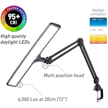 Daylight Lumi Task Lamp - Adjustable LED Desk Lamp with 3800 Lux Brightness, 6000K Daylight, and 95+ CRI for Accurate Color Rendering - Black