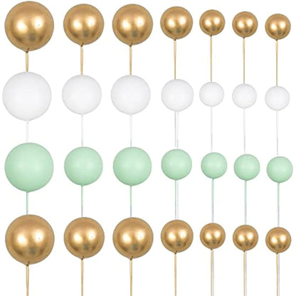 Gyufise 30Pcs Balls Cake Topper Mini Balloons Cupcake Topper DIY Cake Insert Topper Foam Cake Balls Baking Decoration for Wedding Anniversary Valentines Day Birthday Party Green Gold White