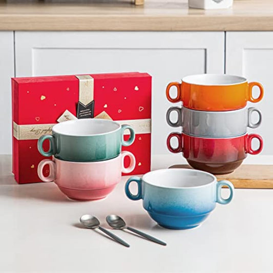 LOVECASA Soup Bowls with Handles 380ml 13 oz, Ceramic French Onion Soup Bowl crocks Oven & Microwave Dishwasher Safe, Porcelain Stackable Handled Bowls Set of 6