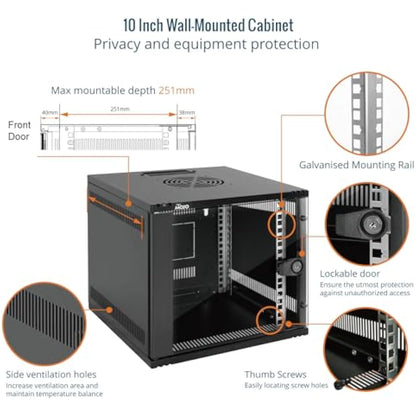 Tecmojo 6U Wall Mount Data Cabinet, 10in Wide 300mm Depth Network Cabinet with Rack Shelf, Brush Panels, Cable Organizer for 10'' AV/IT/Data Devices, 44lbs(20kg) Capacity, Glass Door