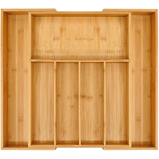 VaeFae Bamboo Cutlery Drawer Organiser, Expandable Cutlery Tray, Wooden Drawer Dividers for Kitchen Utensils and Flatware (5-7 Slots)