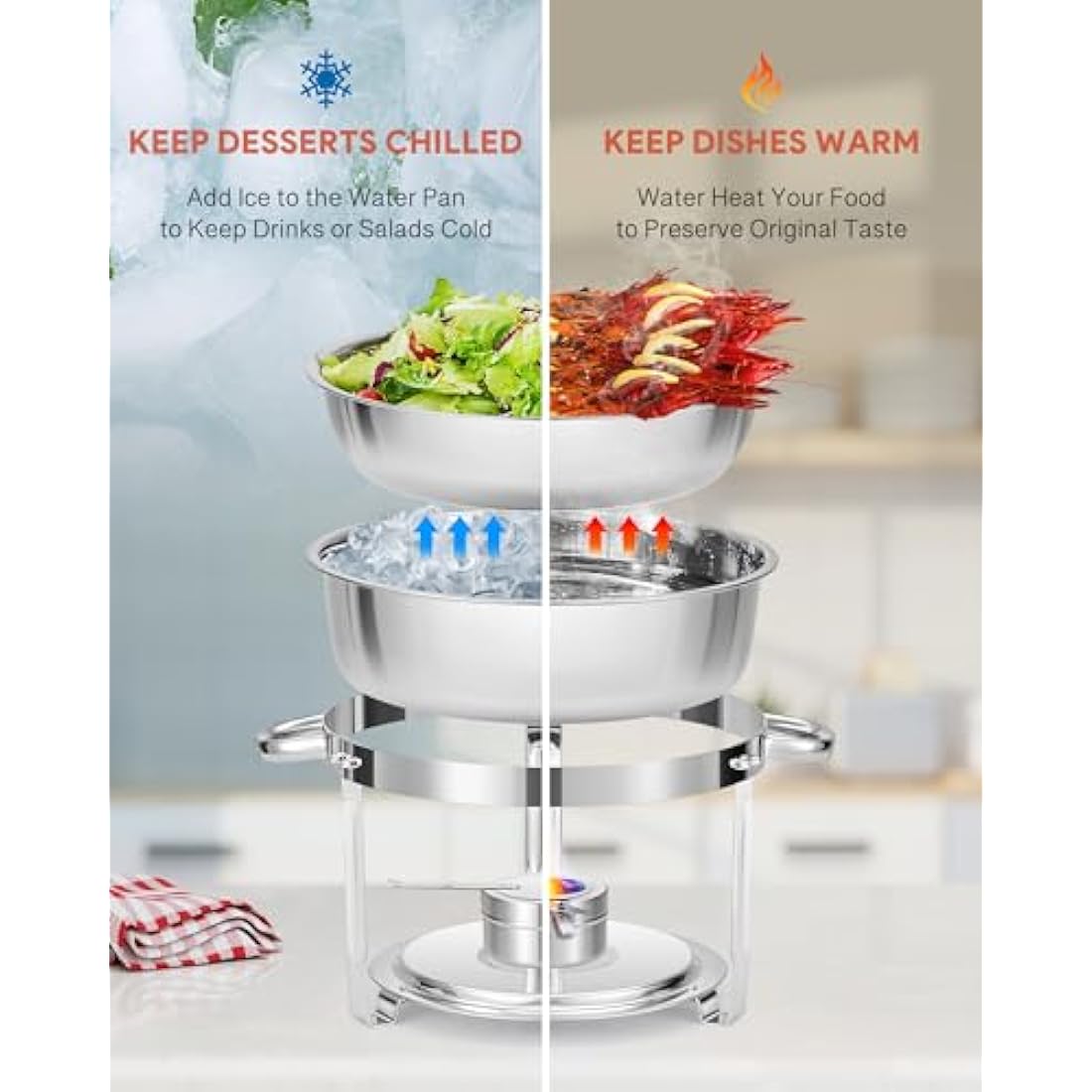 WILPREP Chafing Dish Buffet Set, 4 Pack 5.5L Round Chafers for Catering with Glass Lid & Lid Holder Water Food Pan, Stainless Steel Food Warmers