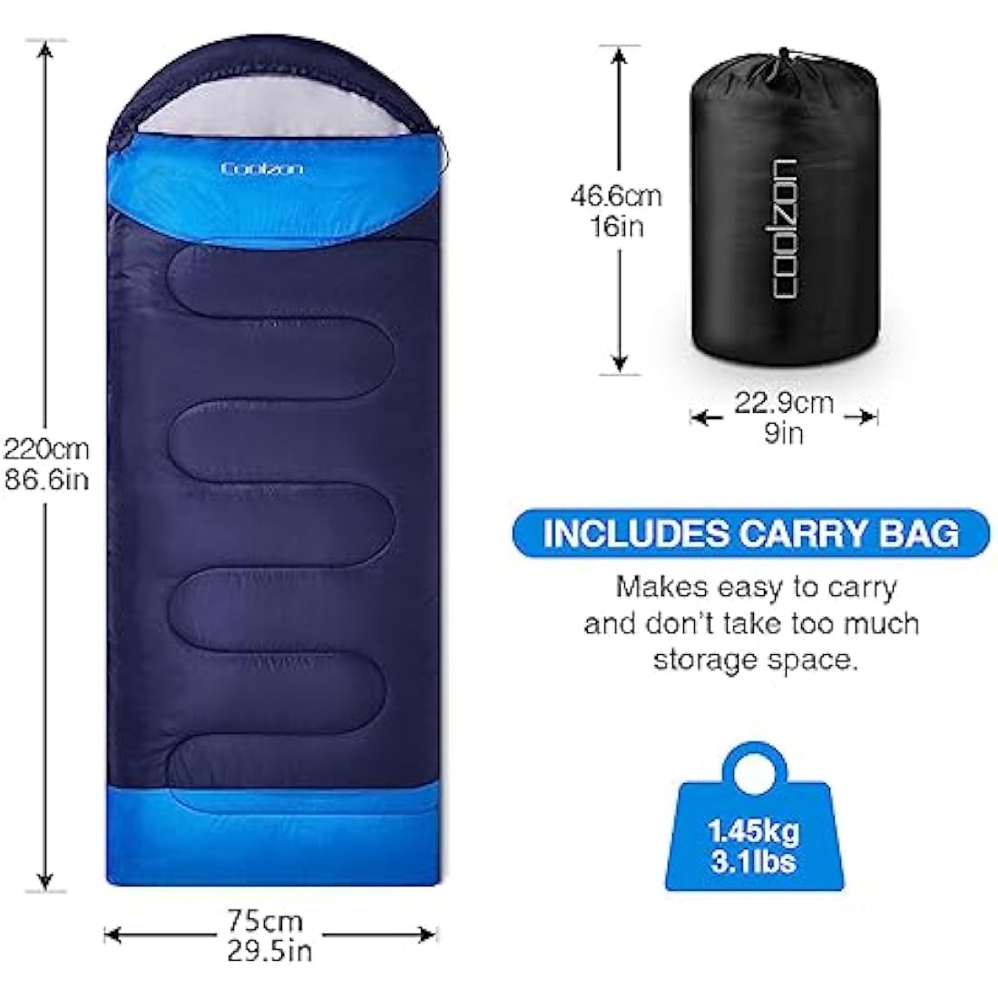 Coolzon Outdoor Sleeping Bag for Camping, for 3-4 Seasons, Adult Blanket, Small Packed Size, Ultralight Carry Bag, Soft, Thick and Warm, for Outdoor Camping, Travel, Hiking