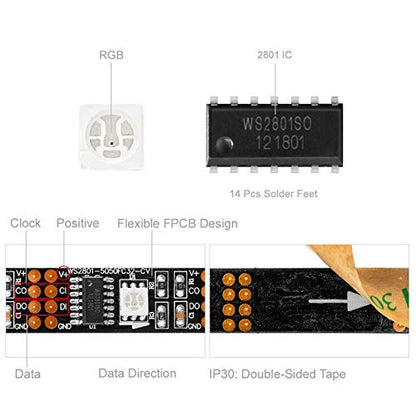 BTF-LIGHTING Individually Addressable WS2801 Light LED Strip 5050 SMD RGB 32LEDs/m 4M 13.12ft 128LEDs IP30 Non-Waterproof Black PCB Pixel Light DC5V