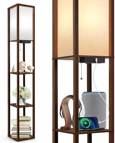 OUTON Floor Lamp with Shelves, LED Column Modern Floor Lamp with USB & Type C Port, 3 Color Temperature, Wooden Standing Lamp with White Linen Shade for Living Room, Bedroom, Office (Walnut Brown)